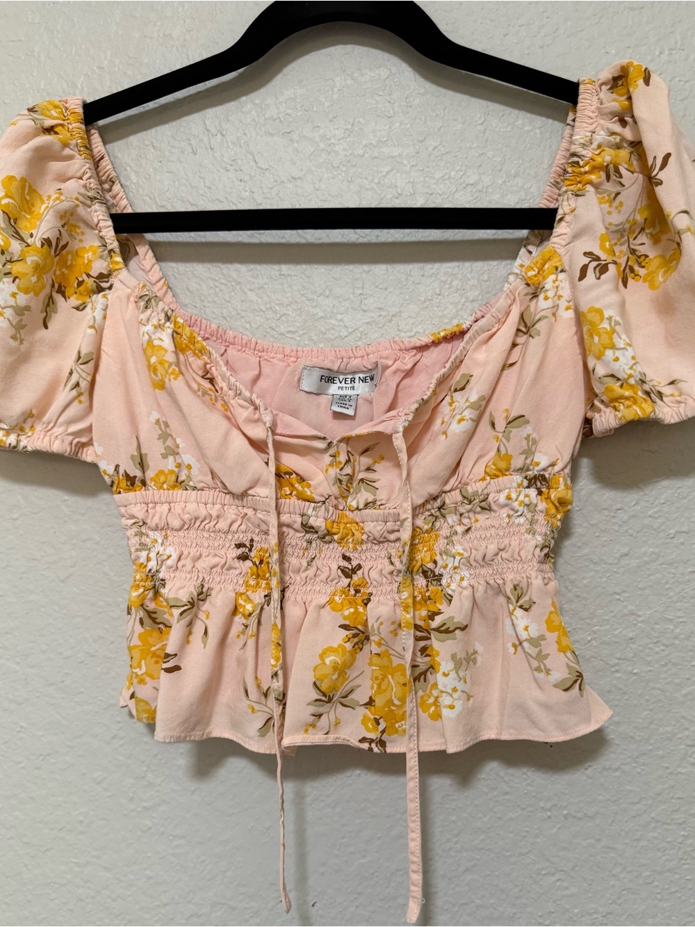 Forever New Petite Pink and Yellow Floral Smocked Crop Top size 4p